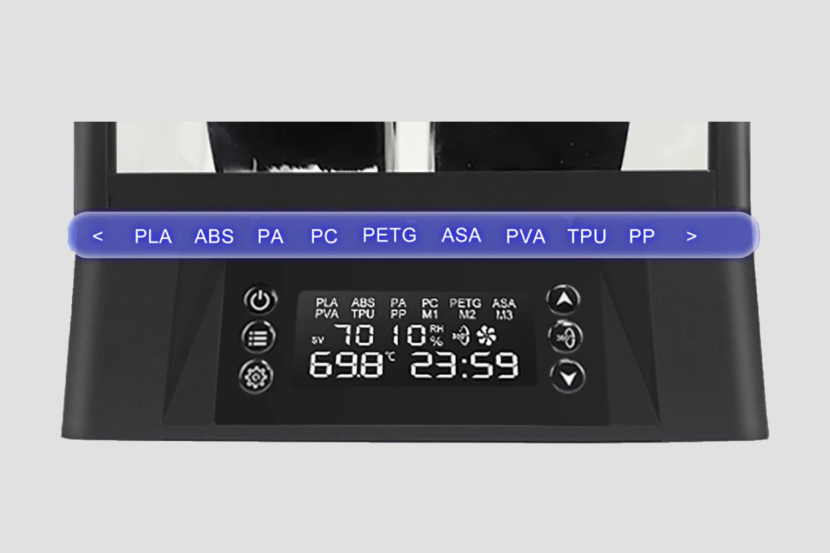 Material heating control panel for filament dryer Polyphemus, using a variety of materials, customizable temperature and time